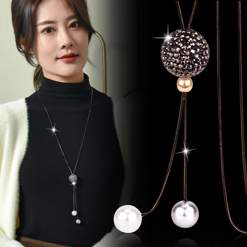 Women Jewelry Accessories For Black Dress - Black Crystal Ball Long Necklace for